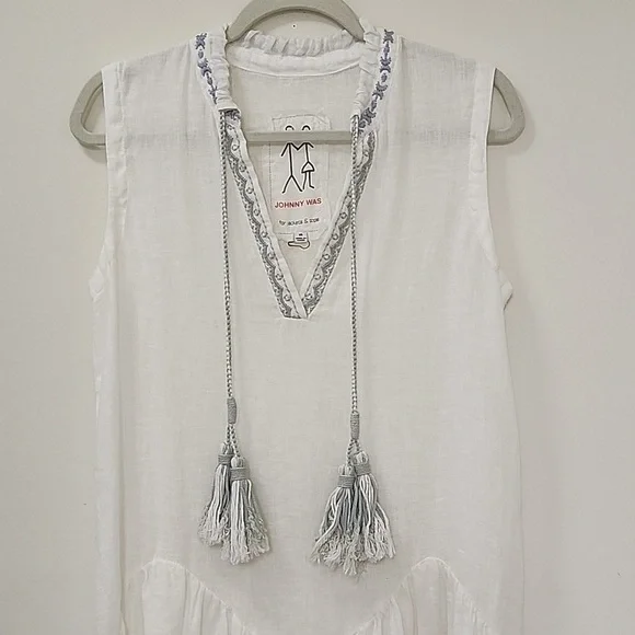 Jonny Was Pete & Greta White 100% Linen Chunky Tassel Boho Drop Waist Dress XS - Picture 3 of 16